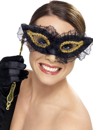 Fastidious Eyemask, black and gold, on stick, with lace trim.