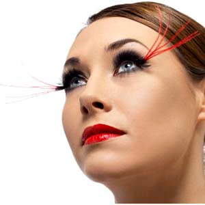 Eyelashes with Glue. Black with Long Red Plumes.