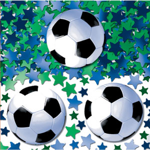 Metallic printed confetti with a football theme, containing footballs and green and blue stars.