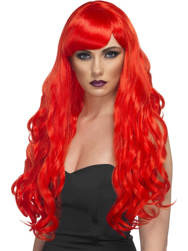 Long Red Desire Wig, Red. long, curly with fringe.