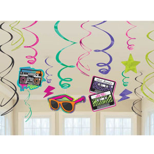 Totally 80s Hanging Swirl Decorations. Pack includes 6 * foil swirls, 3 * foil swirls with 17.7cm cutouts and 3 * foil swirls with 12.7cm cutouts.