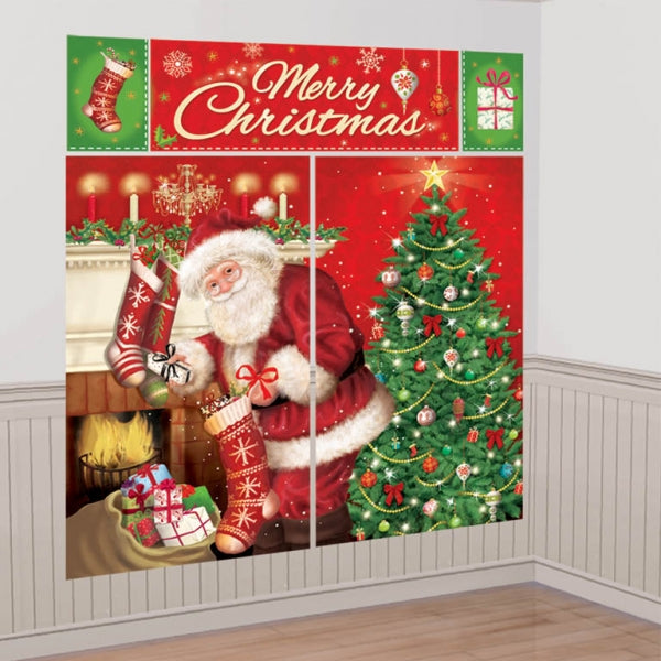 Magical Christmas Scene Setter Kit. Contains: 2 PC 82.5cm x 1.49m (combine to 1.65m x 1.49m); 1 Banner 83.8cm x 40.6cm; 2 Cutouts 40.6cm x 40.6cm