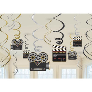 Lights, Camera, Action Hanging Swirl Decorations. Pack includes 6 * foil swirls, 3 * foil swirls with 17.7cm cutouts and 3 * foil swirls with 12.7cm cutouts.