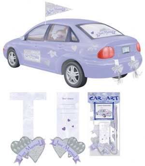 Just Married Car Decorating Kit, contains: 1 flag, 1 rear view mirror card, 1 large magnet, 10 vinyl window cling decorations & 2 bumper decors.