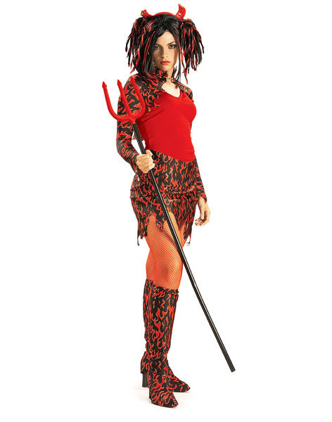 Flame Fatale Girls Halloween Costume includes dress with capelet, boot tops and headpiece with horns