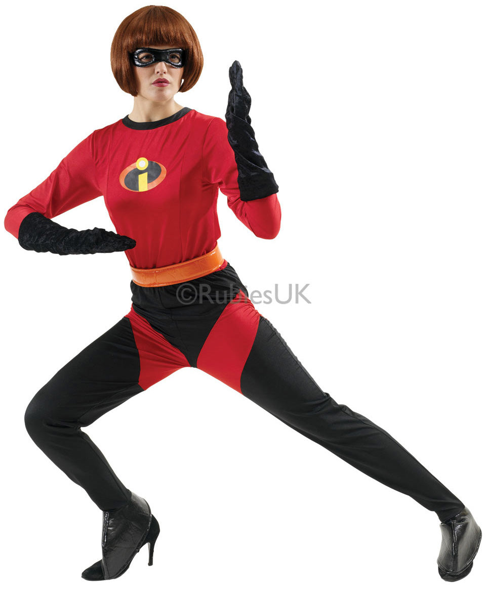 Mrs Incredible Ladies Fancy Dress Costume includes jumpsuit with boot tops and belt, gloves and eye mask