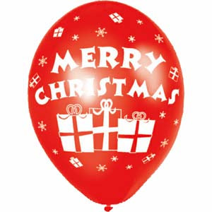 Pack of 6 Latex Christmas Balloons. Each pack contains 3 green balloons and 3 red balloons, with a printed design of christmas presents and includes the words Merry Christmas. 27cm Diameter.