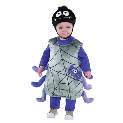 The Baby Itsy Bitsy Spider Halloween Costume features a plush poly-knit, easy-to-put-on tunic with spider web print on the front and spider legs attached to the side. Included in this Baby Spider Costume is a comfortable poly-knit hat with big spider eyes. Costume includes tunic and hat.
