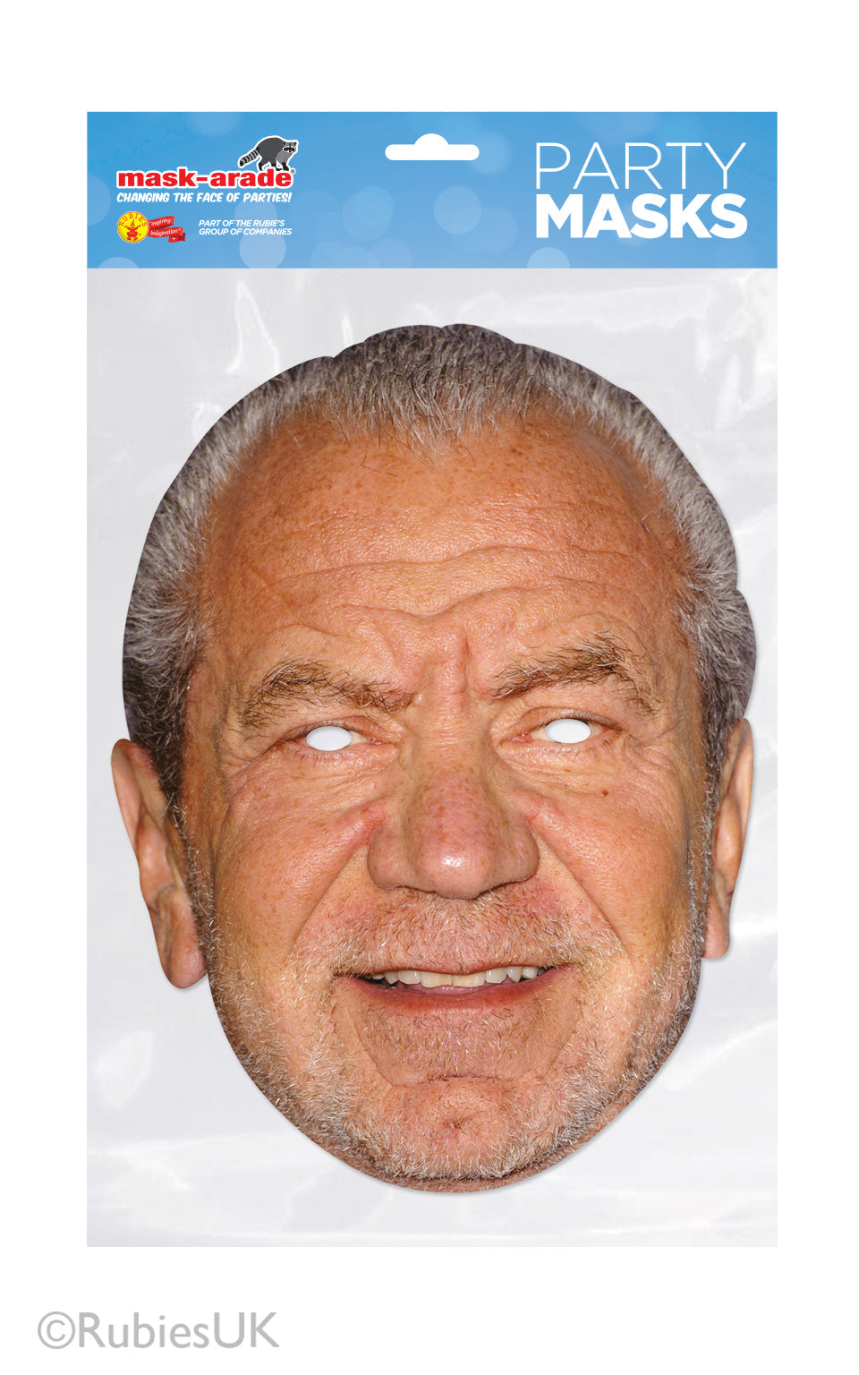 Alan Sugar Celebrity Face Mask. Life size card face mask comes with eye holes and elastic fastening.