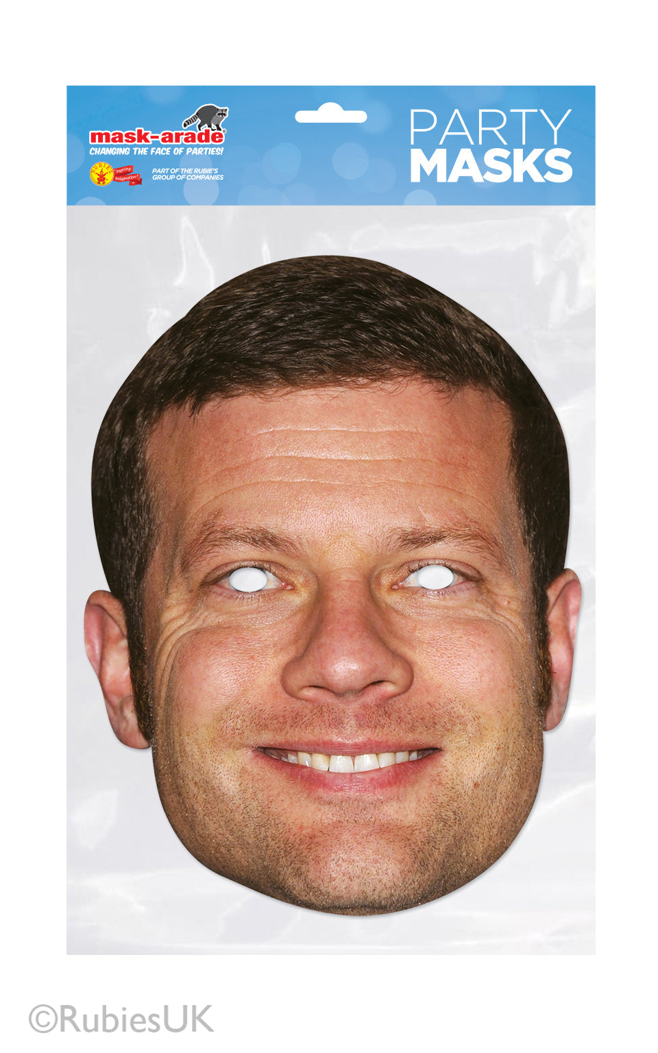 Dermot O Leary Celebrity Face Mask. Life size card face mask comes with eye holes and elastic fastening.