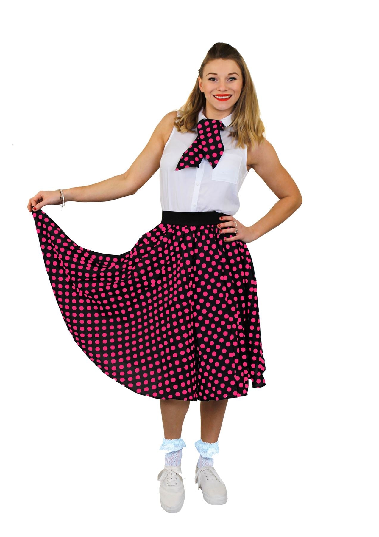 Long Black Polka Dot 1950s Rock n Roll Skirt and Scarf Set includes Black polka dot skirt with pink spots and elasticated waist and matching neck scarf. Skirt length 26 inches
