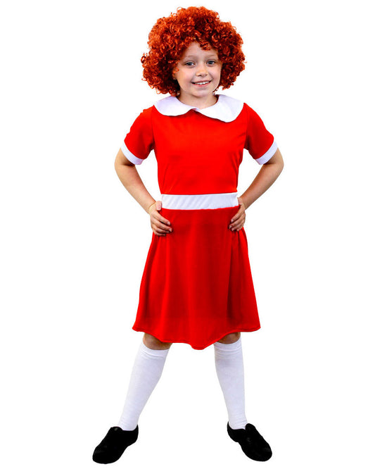 Child Orphan Annie Costume includes red dress with white waist and large white collar