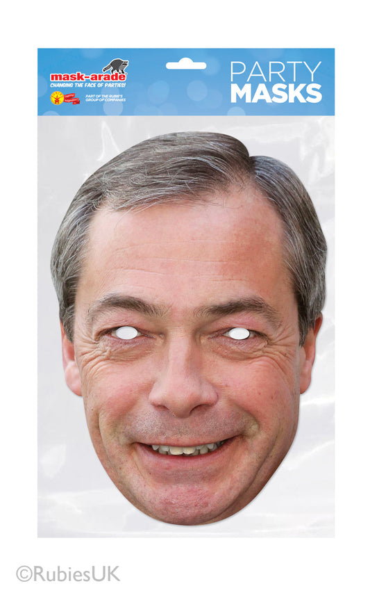 Nigel Farage Celebrity Face Mask. Life size card face mask comes with eye holes and elastic fastening.