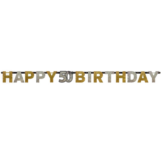 Gold Celebration 50th Happy Birthday Prismatic Letter Banner. 2.13m x 17cm