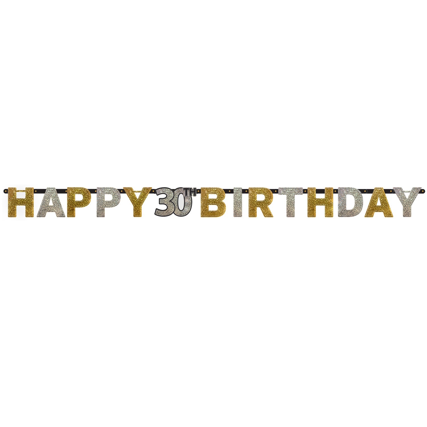 Gold Celebration 30th Happy Birthday Prismatic Letter Banner. 2.13m x 17cm