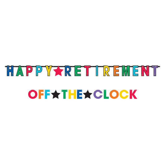 Happy Retirement Jumbo Letter Banners Pack includes 1x HAPPY RETIREMENT Banner 2.4m, 1x OFF THE CLOCK Banner 1.8m