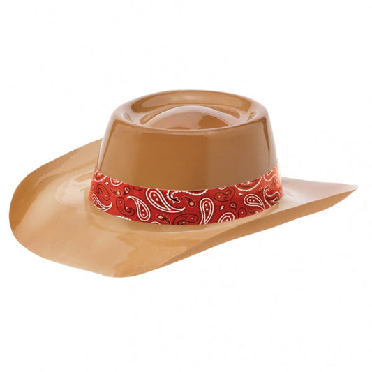 Brown Plastic Cowboy Hat with Red Patterned Band