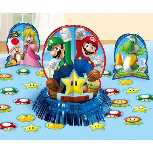 Super Mario Table Decorating Kit includes 1 x Large Centrepiece, 35.5cm, 2 x Small Centrepieces, 17.8cm and 20 x 5cm Confetti pieces.