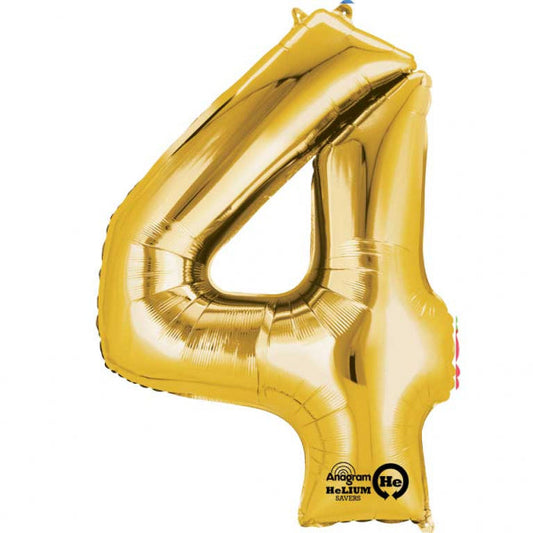 Gold Supershape Number 4 Foil Balloon 26 inches (66cm) width x 34 inches (86cm) height Balloon is sold uninflated. Can be inflated with air or helium.