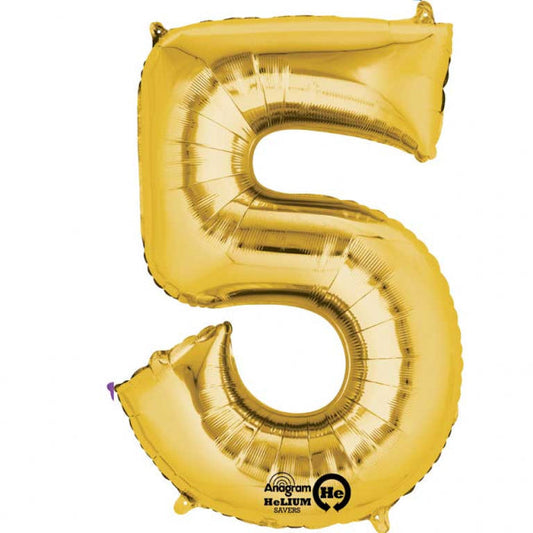 Gold Supershape Number 5 Foil Balloon 21 inches (53cm) width x 34 inches (86cm) height Balloon is sold uninflated. Can be inflated with air or helium.