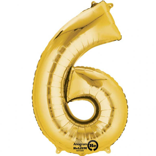 Gold Supershape Number 6 Foil Balloon 23 inches (58cm) width x 35 inches (88cm) height Balloon is sold uninflated. Can be inflated with air or helium.