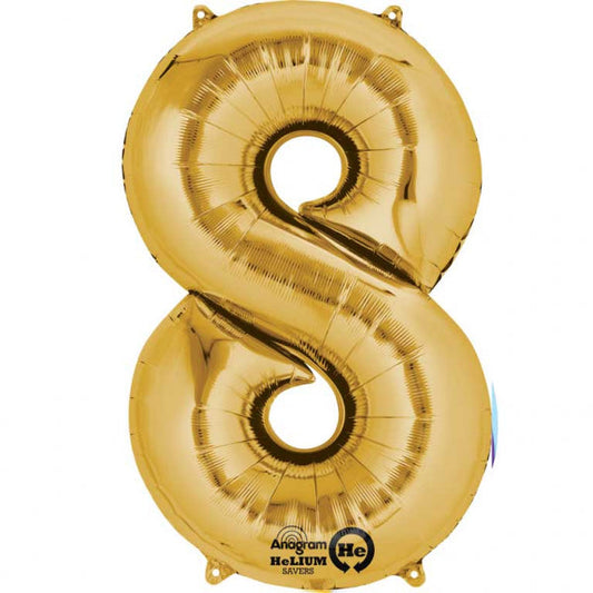 Gold Supershape Number 8 Foil Balloon 22 inches (55cm) width x 35 inches (88cm) height Balloon is sold uninflated. Can be inflated with air or helium.