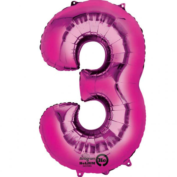 Pink Supershape Number 3 Foil Balloon 22 inches (55cm) width x 34 inches (86cm) height Balloon is sold uninflated. Can be inflated with air or helium.