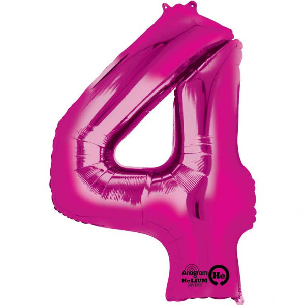Pink Supershape Number 4 Foil Balloon 26 inches (66cm) width x 34 inches (86cm) height Balloon is sold uninflated. Can be inflated with air or helium.