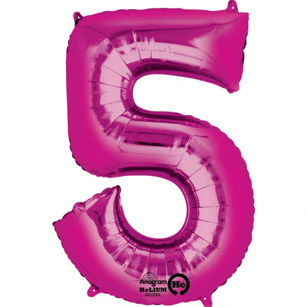 Pink Supershape Number 5 Foil Balloon 21 inches (53cm) width x 34 inches (86cm) height Balloon is sold uninflated. Can be inflated with air or helium.