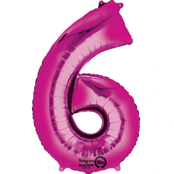 Pink Supershape Number 6 Foil Balloon 23 inches (58cm) width x 35 inches (88cm) height Balloon is sold uninflated. Can be inflated with air or helium.