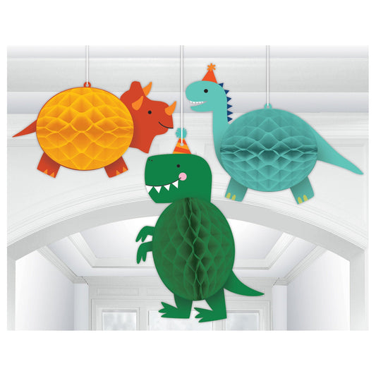 Dino-Mite Party Honeycomb Decorations contains 1 Pc 16cm, 1 Pc 22cm, 1 Pc 27cm