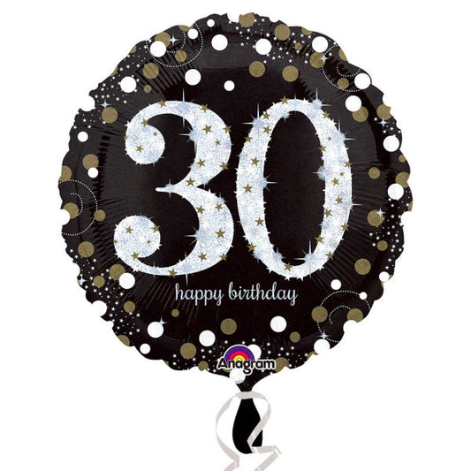 Black and Gold 30th Birthday Standard Foil Balloon (45cm). Can be inflated with air or helium. Balloon is sold uninflated.