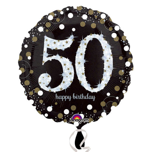 Black and Gold 50th Birthday Standard Foil Balloon (45cm). Can be inflated with air or helium. Balloon is sold uninflated.