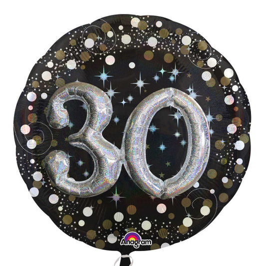 Gold Celebration Sparkling 30th Birthday Large Foil Multi-Balloon. 91cm Add an extra special touch to milestone birthday celebrations with these Holographic 3D Multi-Balloons! The numbers are inflated with air using the straw provided and stick onto the main balloon.