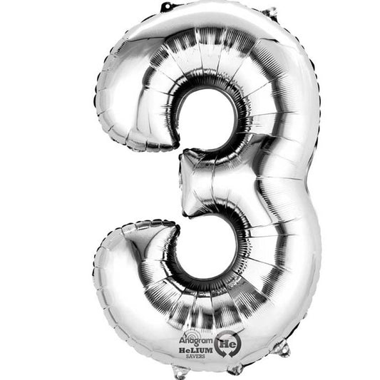 40cm (16in) Minishape Number 3 Silver Foil Balloon Air Fill, Includes straw for air inflation.