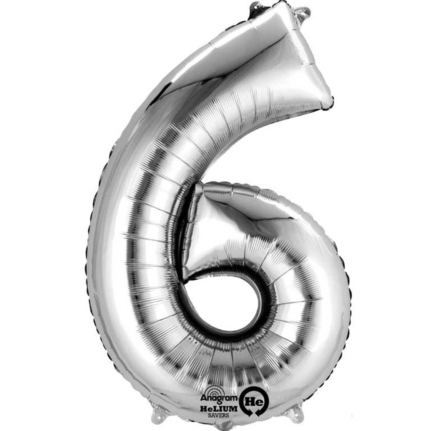 40cm (16in) Minishape Number 6 Silver Foil Balloon Air Fill, Includes straw for air inflation.
