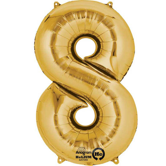 40cm (16in) Minishape Number 8 Gold Foil Balloon Air Fill, Includes straw for air inflating.