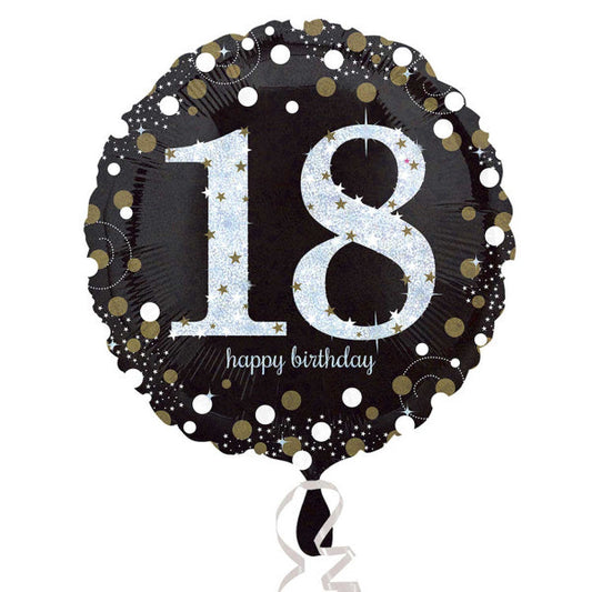 Black and Gold 18th Birthday Standard Foil Balloon (45cm). Can be inflated with air or helium. Balloon is sold uninflated.