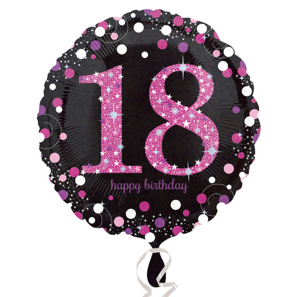 Black and Pink 18th Birthday Standard Foil Balloon (45cm). Can be inflated with air or helium. Balloon is sold uninflated.