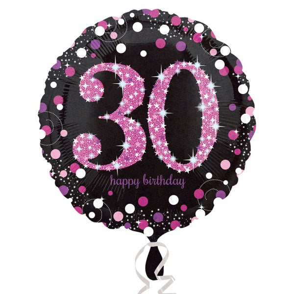 Black and Pink 30th Birthday Standard Foil Balloon (45cm). Can be inflated with air or helium. Balloon is sold uninflated.