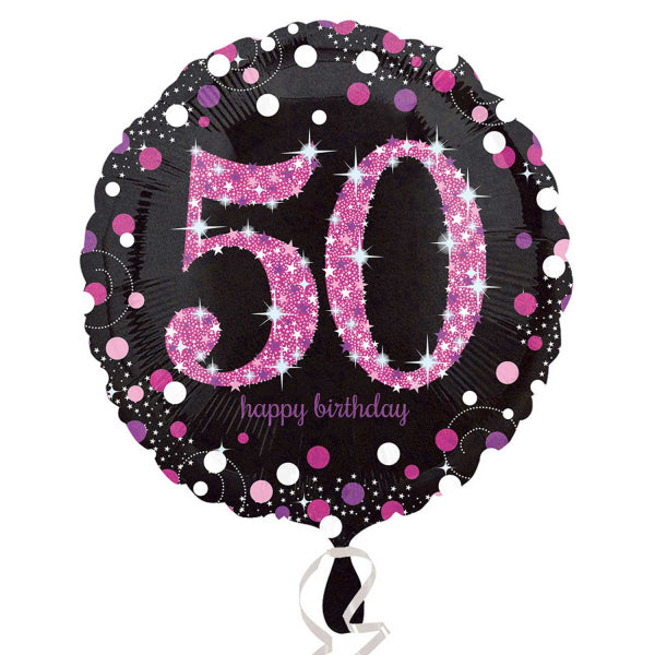 Black and Pink 50th Birthday Standard Foil Balloon (45cm). Can be inflated with air or helium. Balloon is sold uninflated.