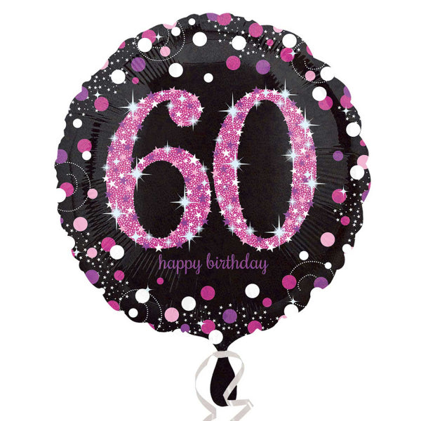 Black and Pink 60th Birthday Standard Foil Balloon (45cm). Can be inflated with air or helium. Balloon is sold uninflated.