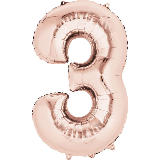 40cm (16in) Minishape Number 3 Rose Gold Foil Balloon Air Fill, Includes straw for air inflation.