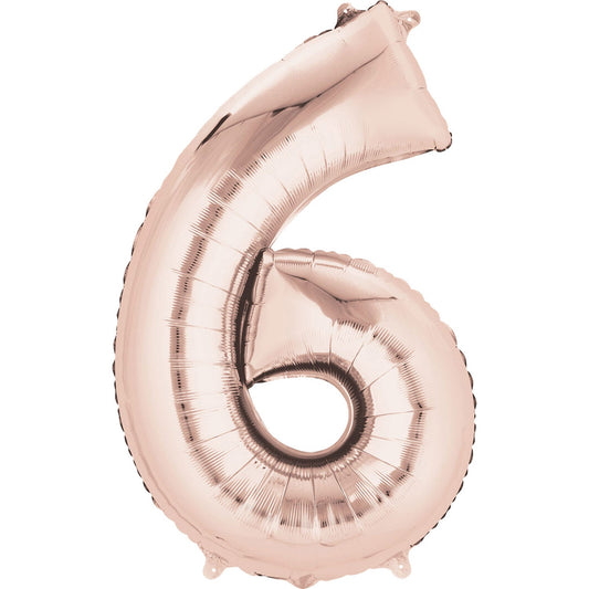 40cm (16in) Minishape Number 6 Rose Gold Foil Balloon Air Fill, Includes straw for air inflation.
