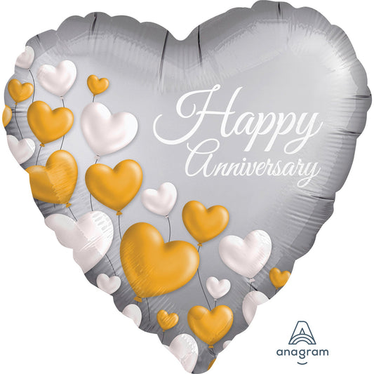 Happy Anniversary Platinum Hearts Standard Foil Balloon (45cm). Can be inflated with air or helium. Balloon is sold uninflated.