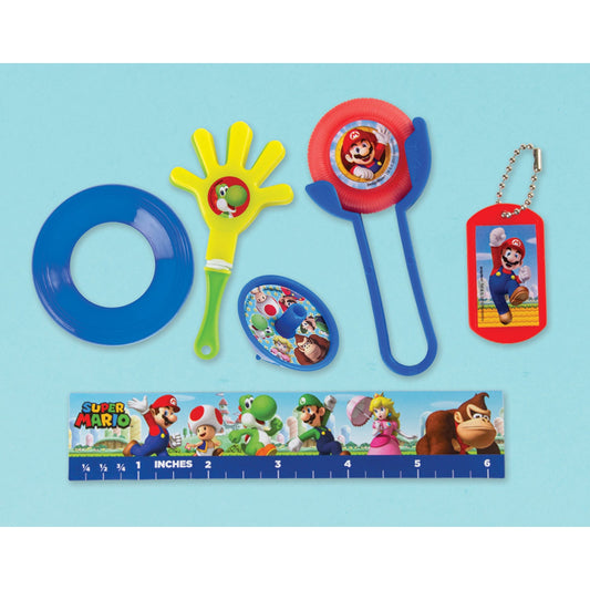 Super Mario Mega Mix Favour Pack includes 8 Mini Tops, 8 Flying Discs, 8 Disc Shooters, 8 Rulers, 8 Dog Tag Keychains and 8 Mini Hand Clappers