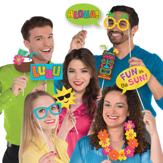 Hawaiian Luau Photo Prop Kit. Create fun selfie pictures with a summer luau party theme with these fun photo props.