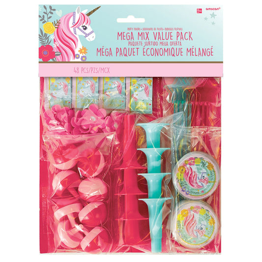 Magical Unicorn Mega Value Favour Pack includes 8 Maze Puzzles, 8 Mini Sketch Pads, 8 Wands, 8 Flower Rings, 8 Horns and 8 Spinning Tops