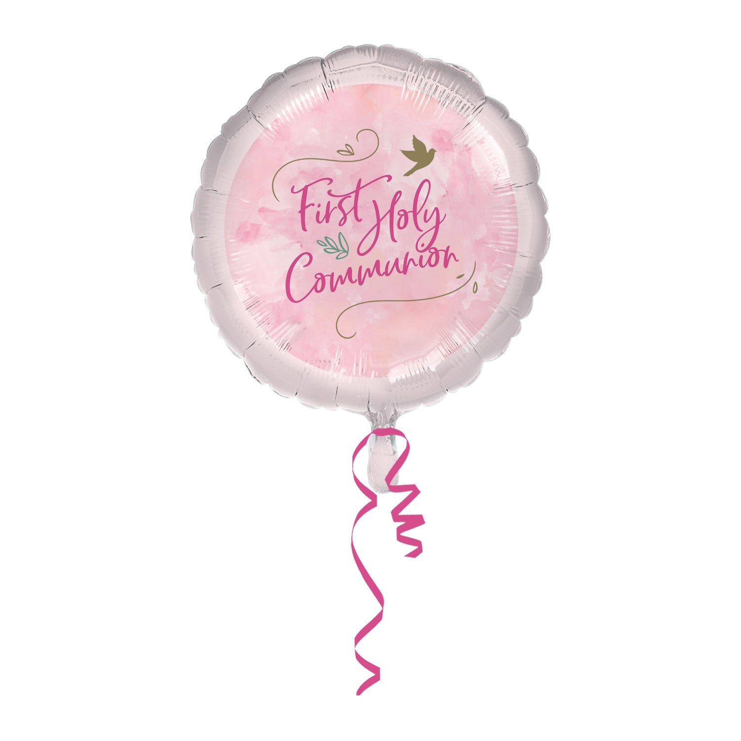 Pink First Holy Communion Standard Foil Balloon 18 inch. Sold uninflated. Inflate with air or helium.