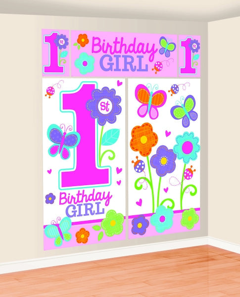 Sweet Birthday Girl Scene Setter Kit. Contains 2 Add-Ons (82.5cm x 149.8cm), 1 Banner (113cm x 40.6cm) and 2 Cutouts (26cm x 40.6cm).